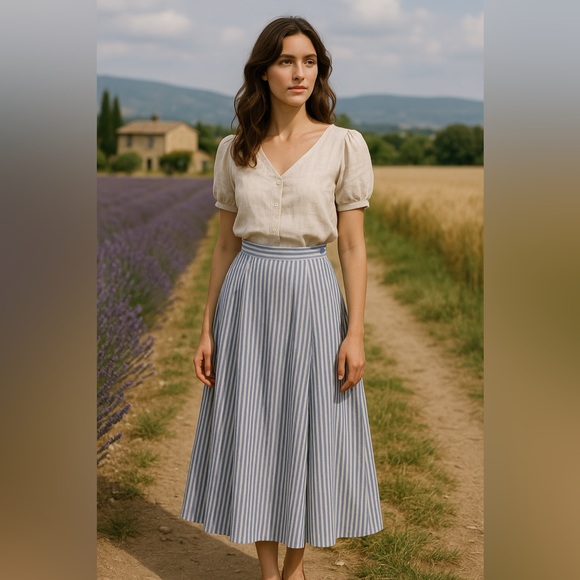 Prophecy Dresses & Skirts - Vintage Prophecy Blue White Stripe Pleated Long Skirt 28” Waist Small Maxi USA